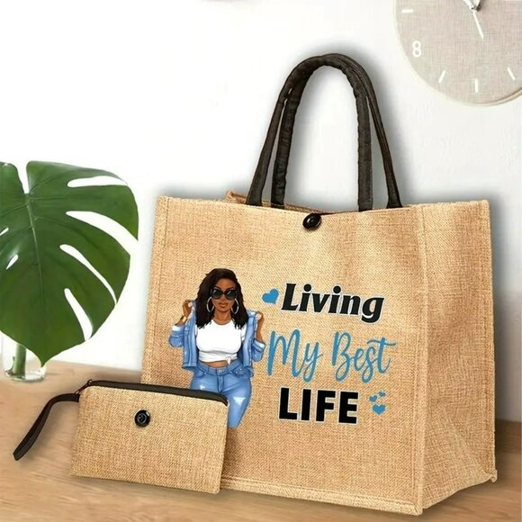 Living My Best Life Tote Bag with Inner Pocket & Zipper Clutch (SKU 0308) - Picture 1 of 6
